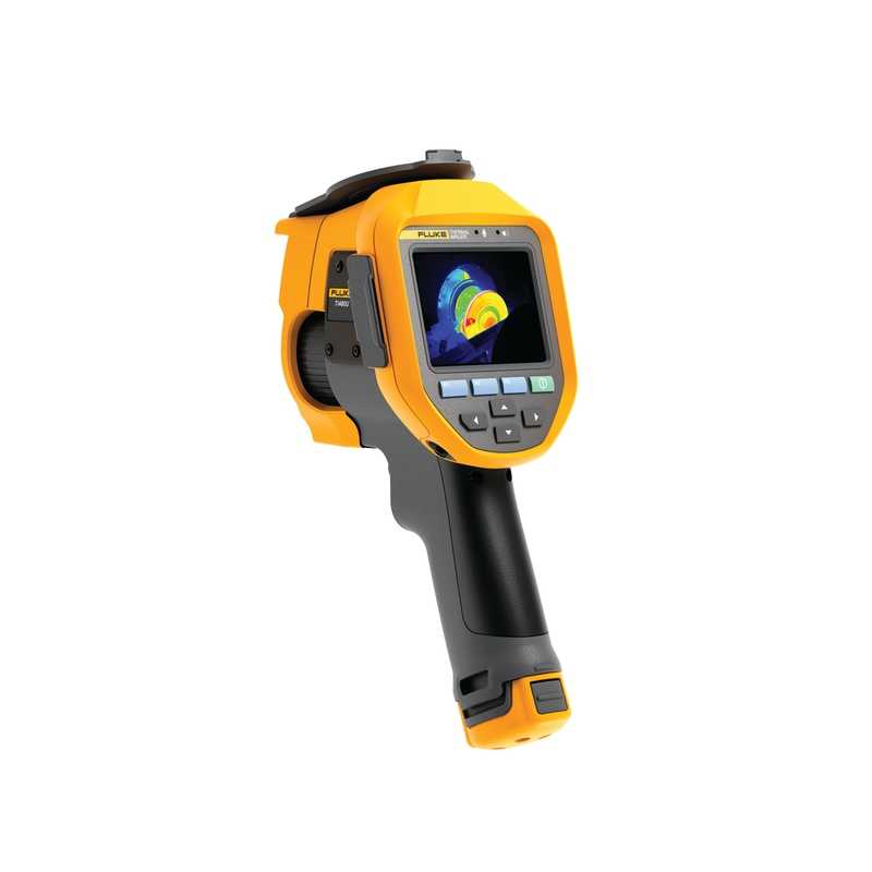 Zeigt die seitliche Ansicht der Fluke Ti480U Wärmebildkamera mit Display und Bedienelementen.