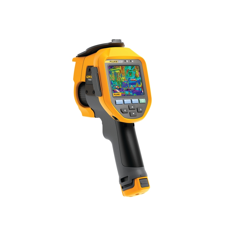 Zeigt die seitliche Ansicht der Fluke Ti401U Wärmebildkamera mit Display und Bedienelementen.