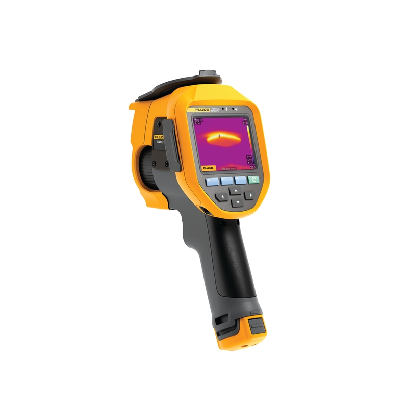 Zeigt die seitliche Ansicht der Fluke Ti300U Wärmebildkamera mit Display und Bedienelementen.